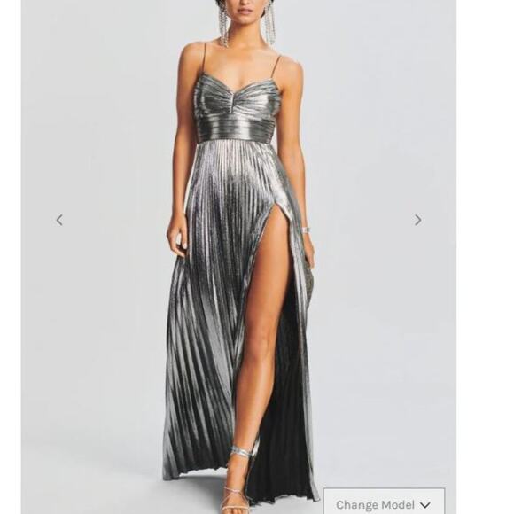 NEW Retrofête Cherith Dress Pleated Metallic Gown Silver Gunmetal Slit Dress L